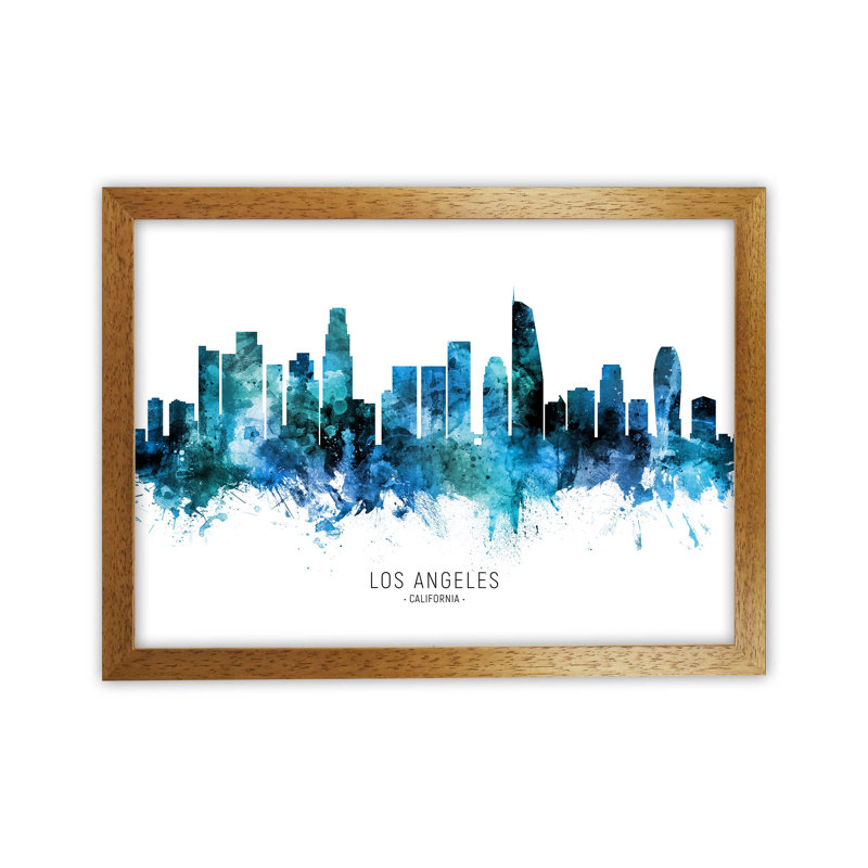 Los Angeles California Skyline Blue City Name by Michael Tompsett - Print, Oak Framed, 46cm H x 63cm W x 3cm D