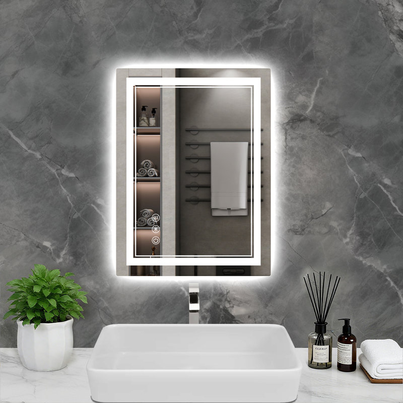 A front-lit rear-backlit LED bathroom mirror with 3 adjustable brightness LED lights, three functional lighting options, anti-fog feature, memory function, tempered glass for shatter resistance, ETL certification, and wall-mounted makeup mirror.