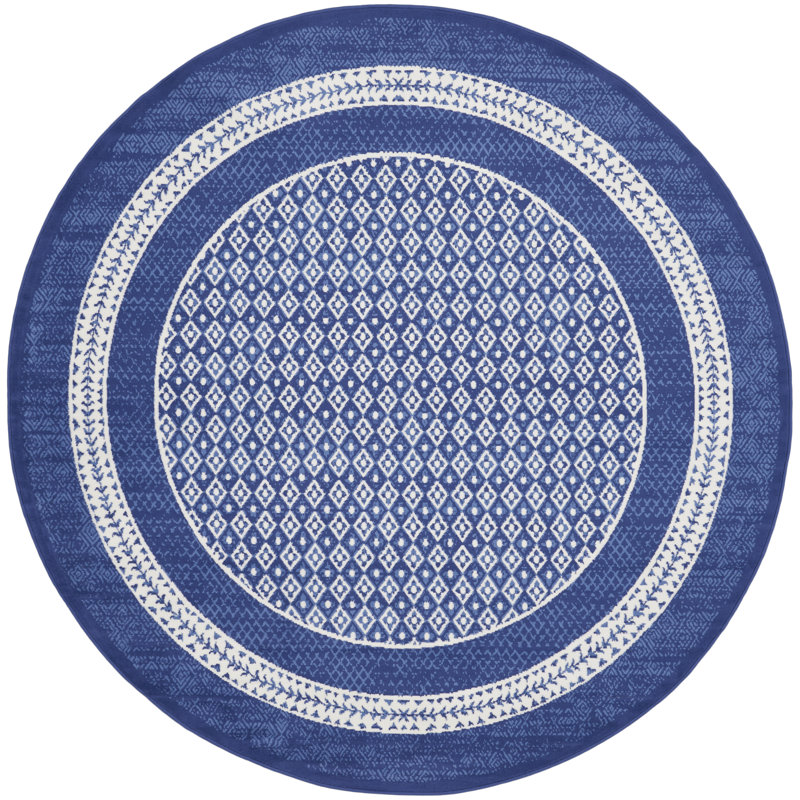 Tapis bleu marine en polypropylène tissé à la machine Cauy, Rond 8 pi