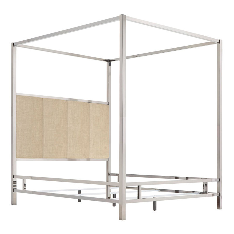 Upholstered Metal Canopy Bed, Chrome Metal/Beige, Full