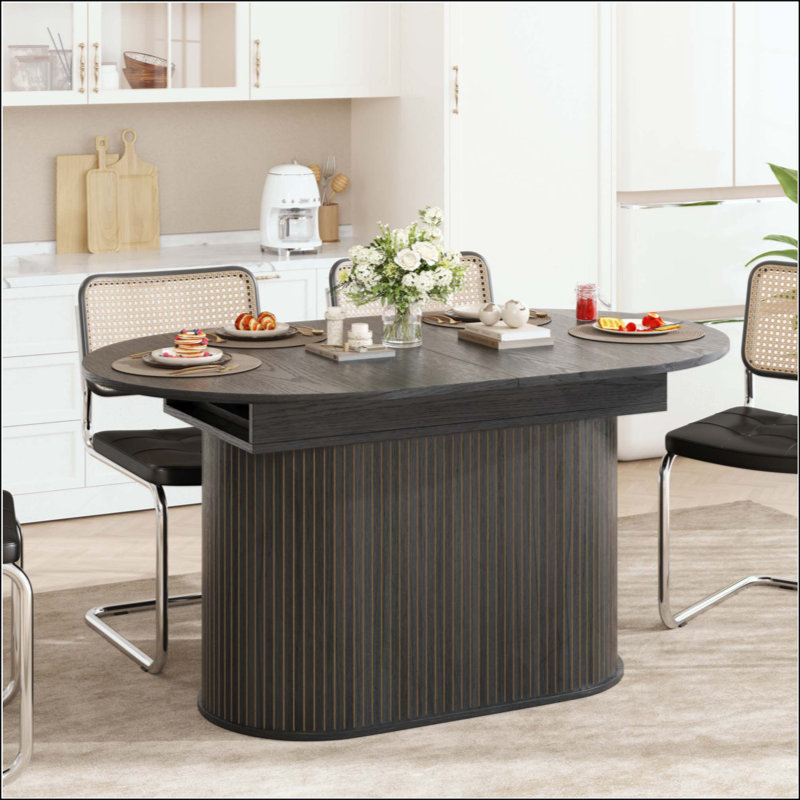 Table de salle à manger extensible avec pieds rayés pour le salon et la cuisine, Noir