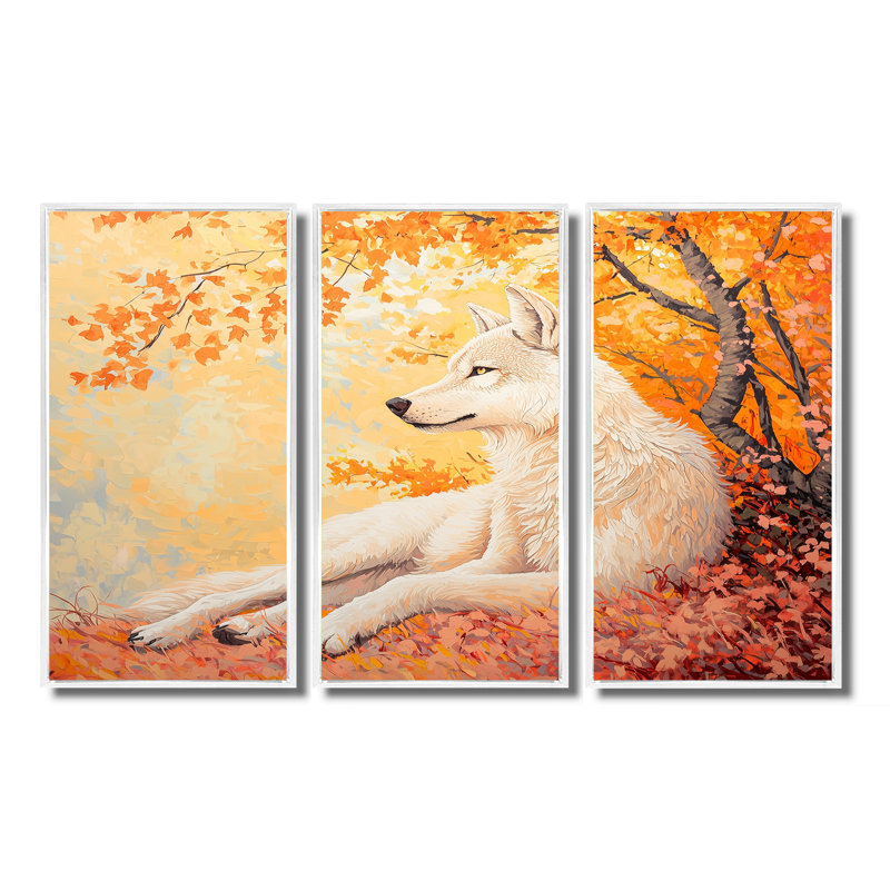 «Blooming Wolf At Sunset II» - ensemble d'art mural loup, Reproduction avec cadre flottant, H 28 po x l 36 po, Blanc