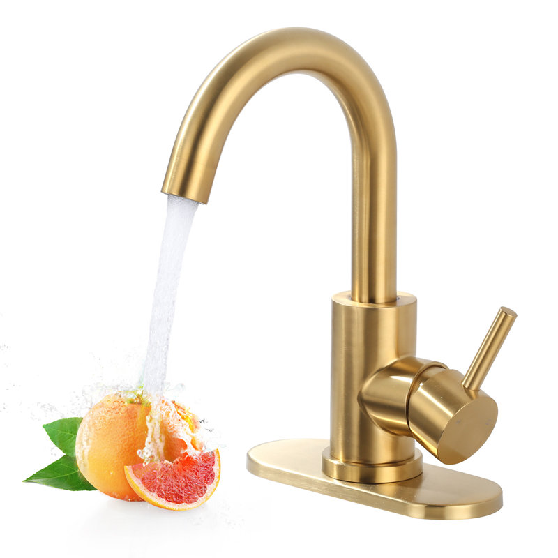 Robinet de cuisine de bar en acier inoxydable à poignée simple avec bec pivotant et plaque de pont, Doré
