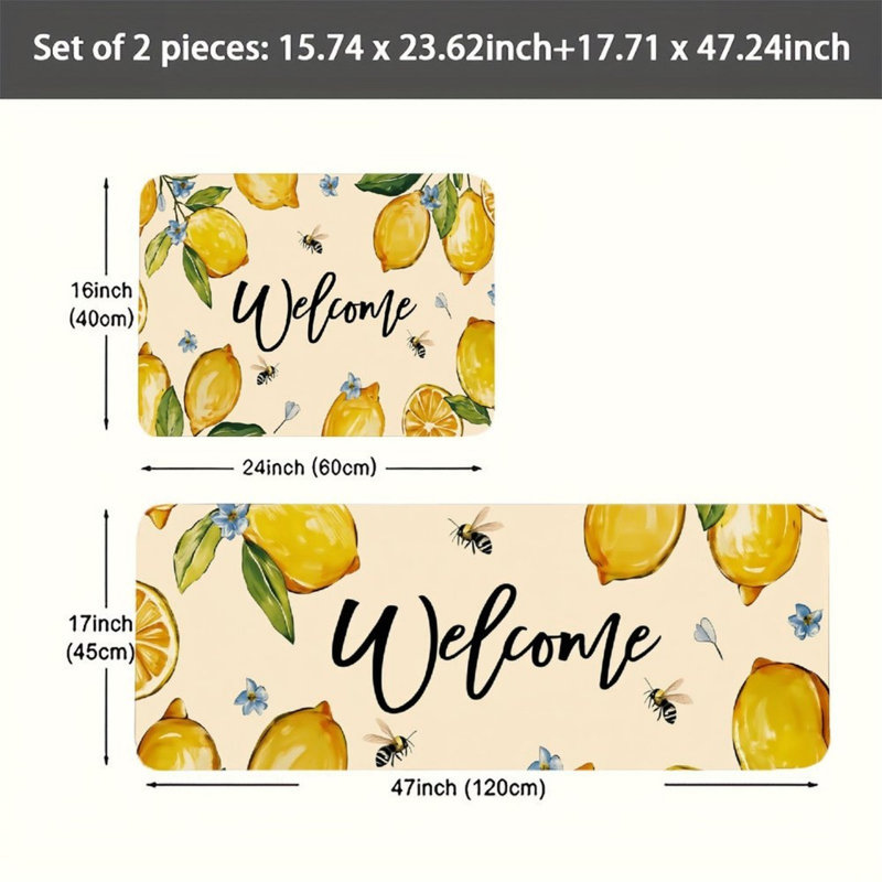Tapis d'entrée pour la cuisine Lemon Bee Welcome, 2 pièces, jaune beige