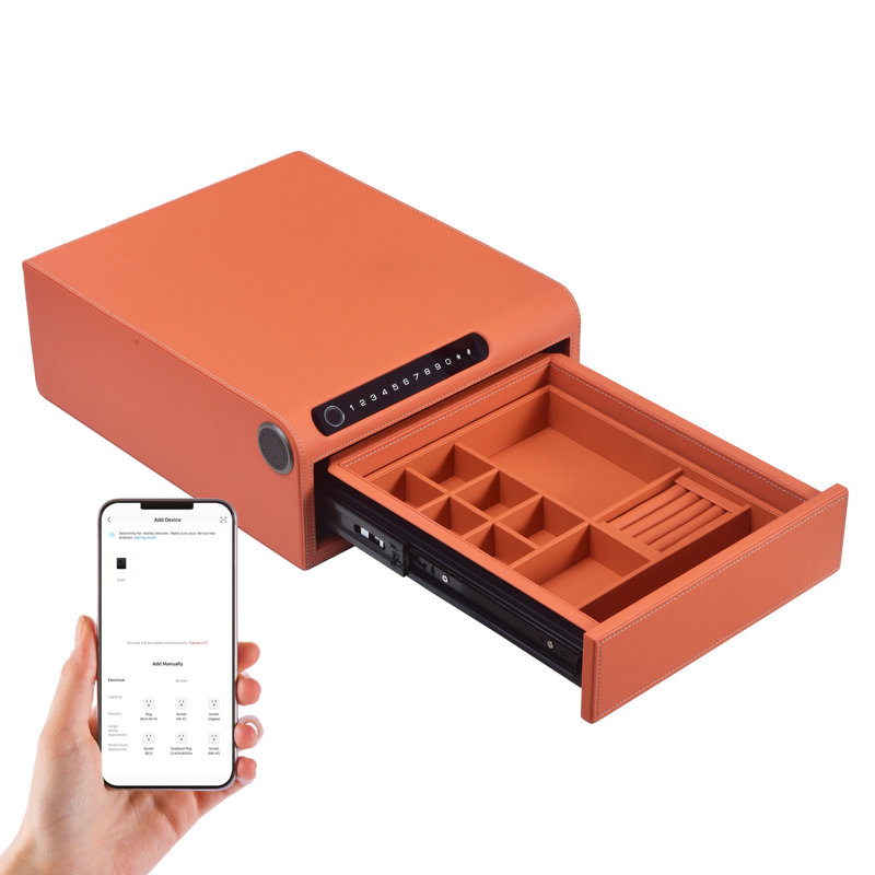 Coffre-fort à bijoux biométrique à empreinte digitale pour la maison, Cuir orange, H 6,1 po x l 18,3 po x P 15,3 po