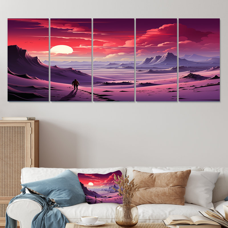 "Mauve et rose", homme perdu dans le désert II - décorations spatiales 5 pièces, H 32 po x l 80 po