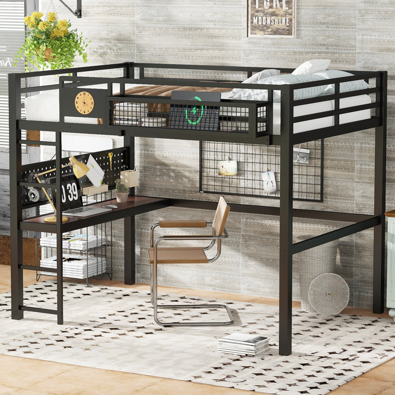 Grand lit mezzanine en métal avec bureau, panier de rangement, Queen