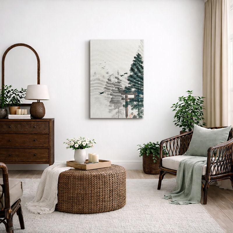 Œuvre de sanctuaire japonais de forêt brumeuse, images de paysage zen, impression sur toile encadrée, Toile tendue