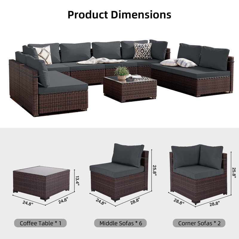 Rosaelena 8 - Person Modular Patio Conversation Sets with Cushions, Dark Gray, Brown