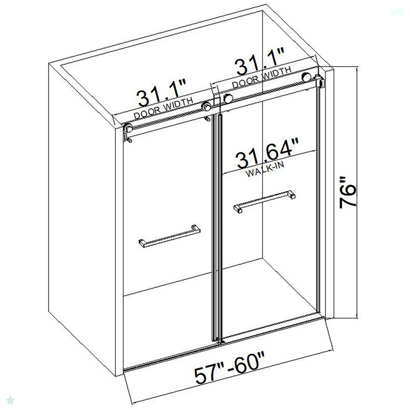 72 po x 76 po Porte de douche coulissante double sans cadre Nickel brossé sans tampon
