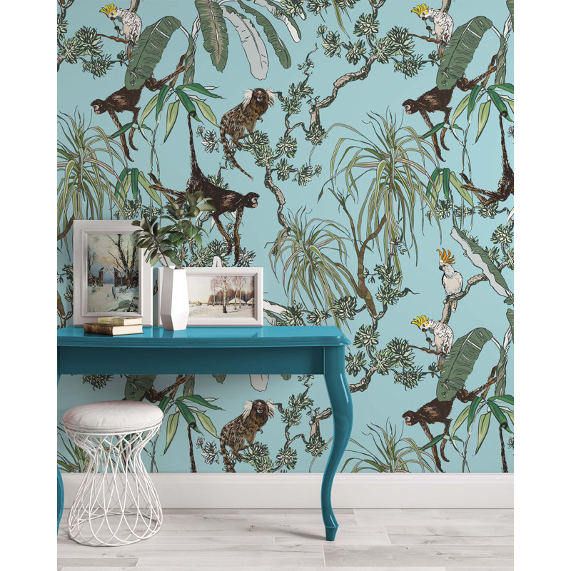 Papier peint amovible Monkeys And Parrots In Exotic Plants, L 75 po x l 112 po