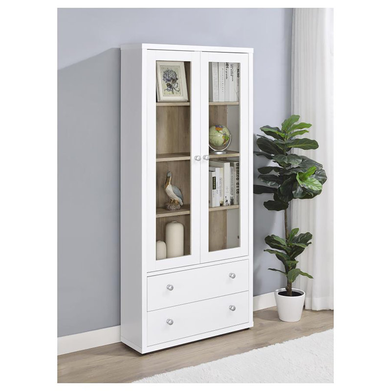Armoire haute à porte vitrée Hewita, Blanc / argenté