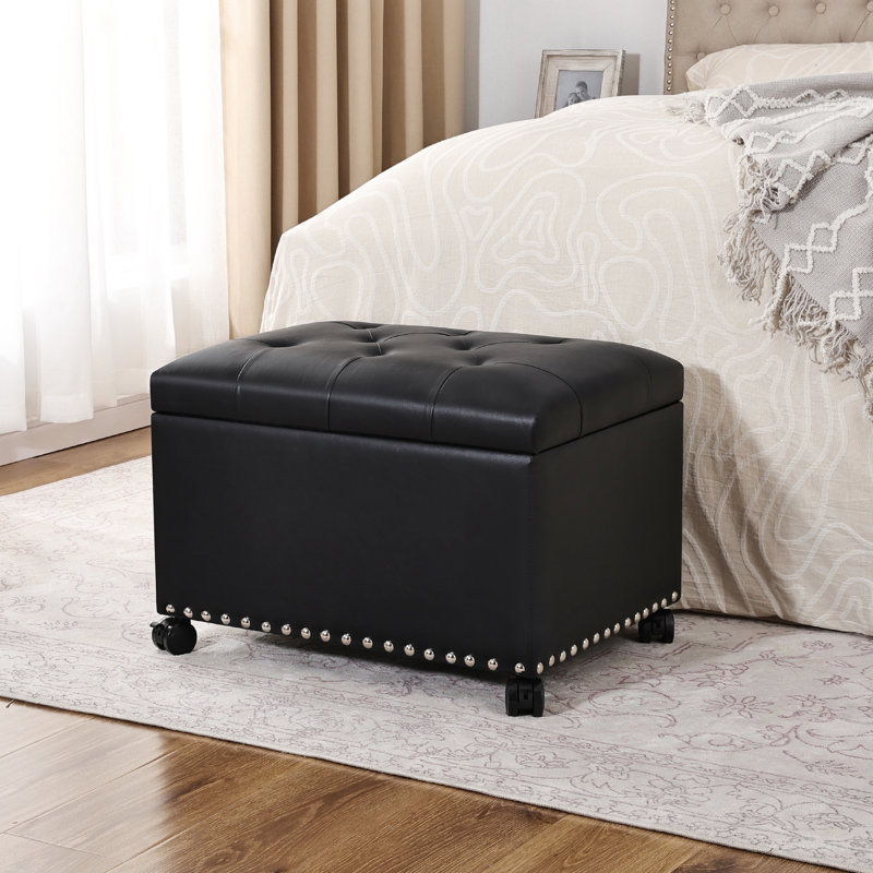  Rectangle Faux Leather Storage Ottoman with Casters, Black