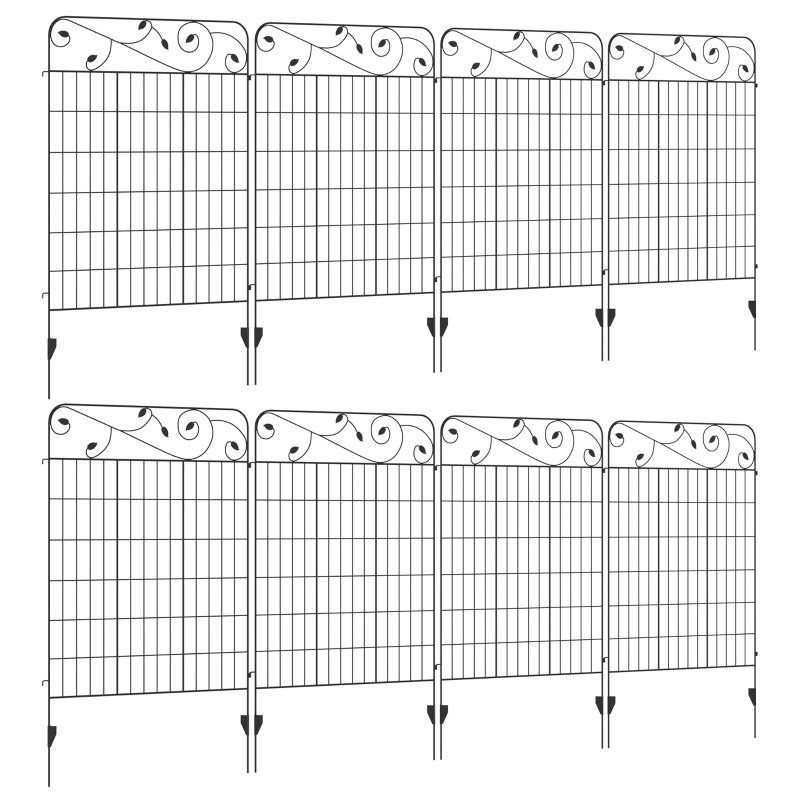 8 Panels Black Decorative Garden Fence with Floral Top, 110cm Metal Wire Picket Fence Panels for Lawn Edging, Flower Bed, Stake-In Installation