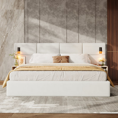 Velaris Modern Contemporary Upholstered Smart Bed with Integrated Reading Light and Storage Shelves