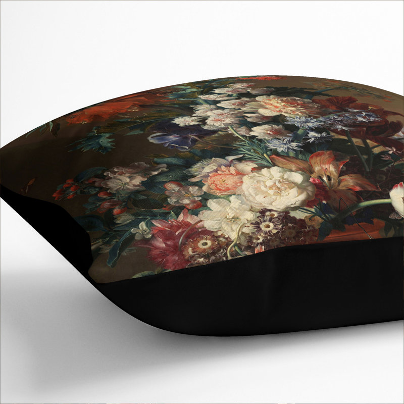 Floral Square Cushion, 40cm H x 40cm W x 15cm D, Black