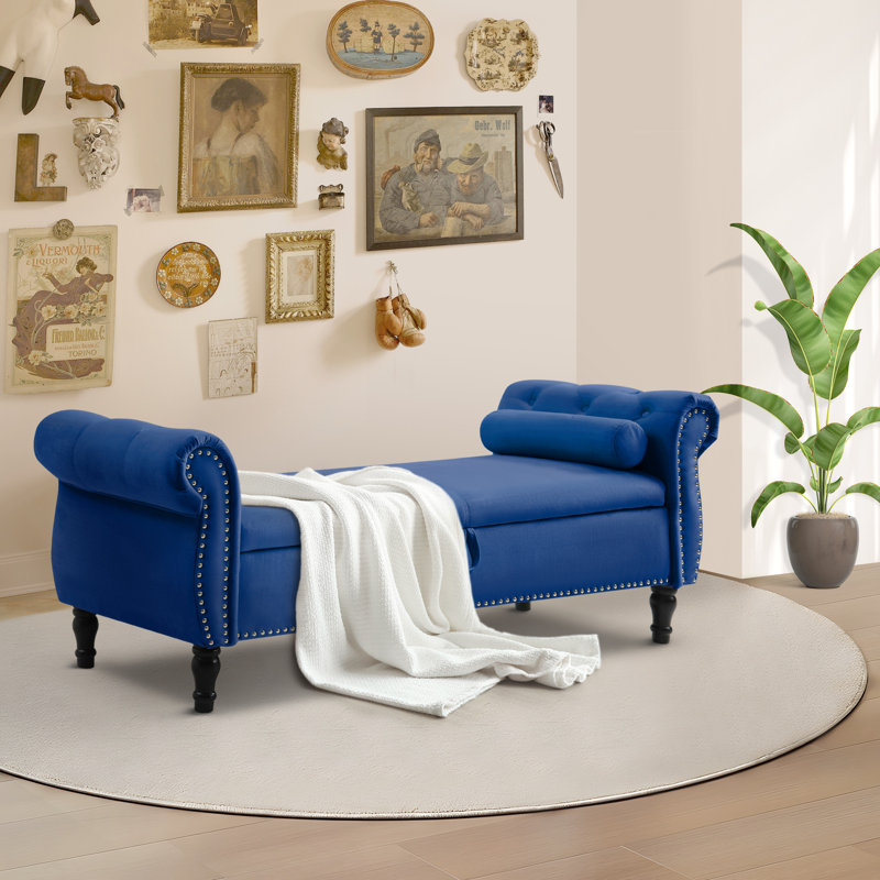 Chaise longue avec accoudoirs capitonnés Dejonnae, Velours bleu
