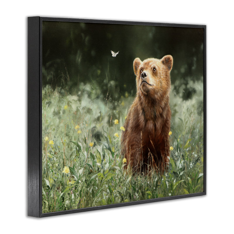 Art de giclée de bébé ours et papillon par Mark Kelso, H 24 po x l 30 po, Giclée encadrée noir minuit