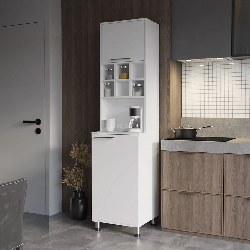 Rangement de cuisine, garde-manger blanc avec porte pneumatique et rangement ouvert