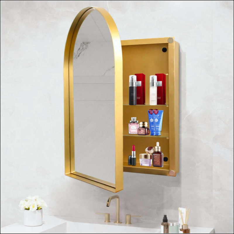 Armoire à pharmacie arquée encastrée, armoire de salle de bain avec cadre en métal avec miroir et tablettes réglables, miroir mural avec rangement pour salle de bain