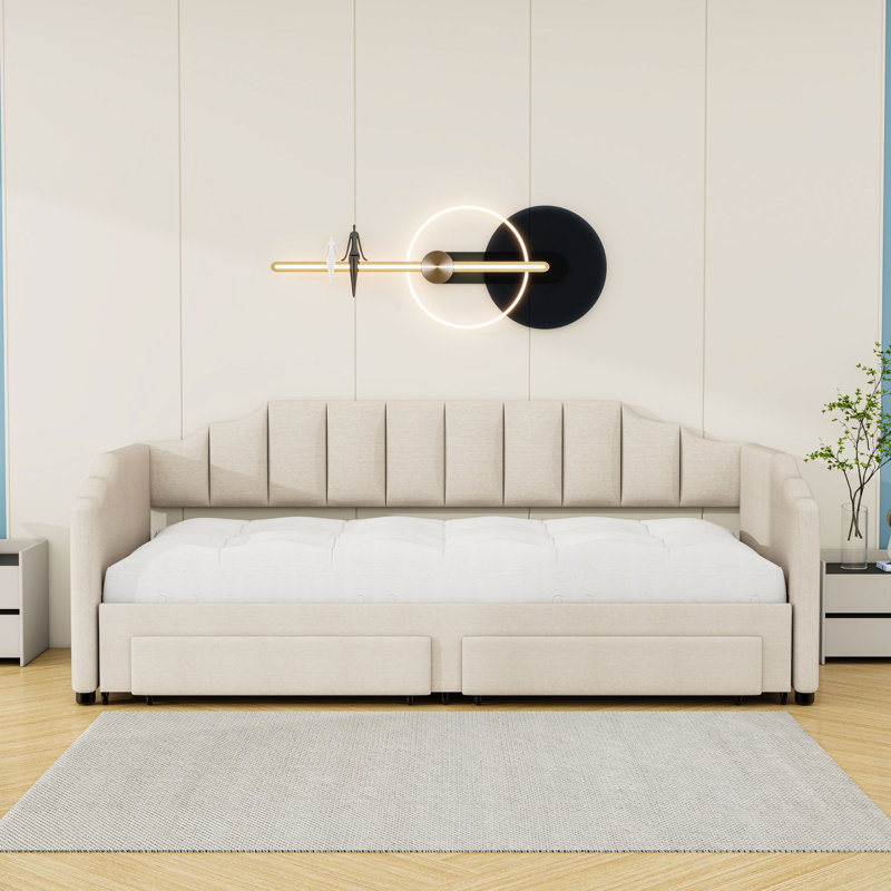 Lit de jour simple tapissier 2 tiroirs avec lit gigogne et lumières DEL, Beige