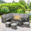 6 Person Grey Rattan Garden Sofa Set with 50000 BTU Gas Fire Pit Table, Wind Guard and Thick Cushions