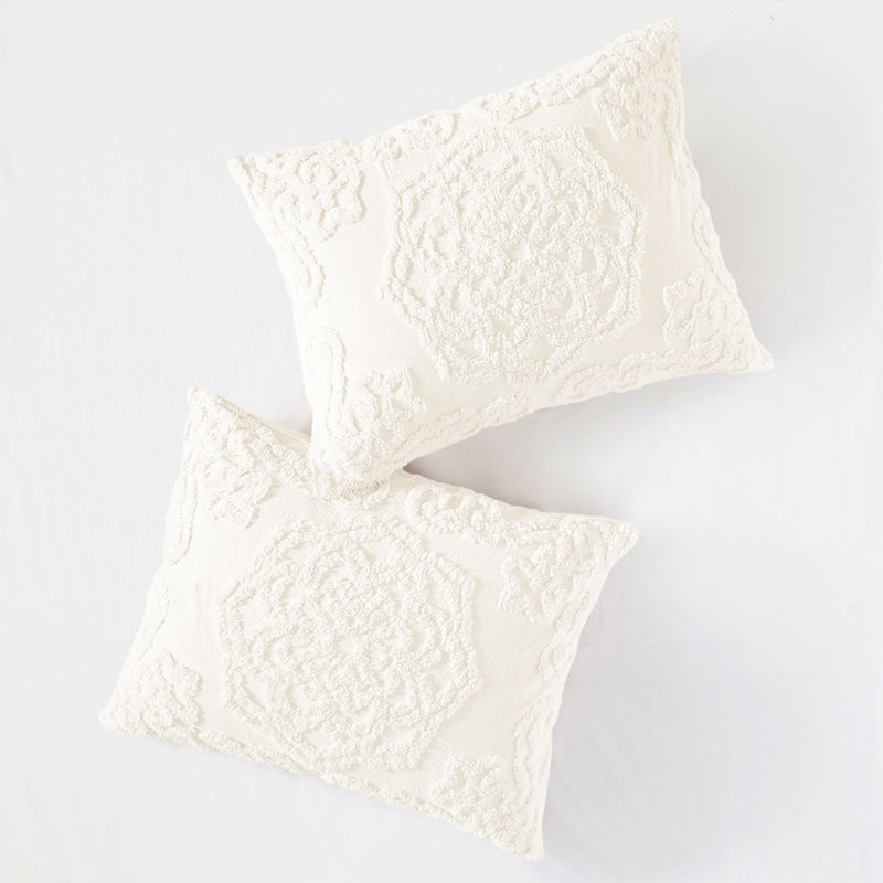 3 édredon en coton - chenille double, Blanc cassé, Queen Comforter + 2 Shams