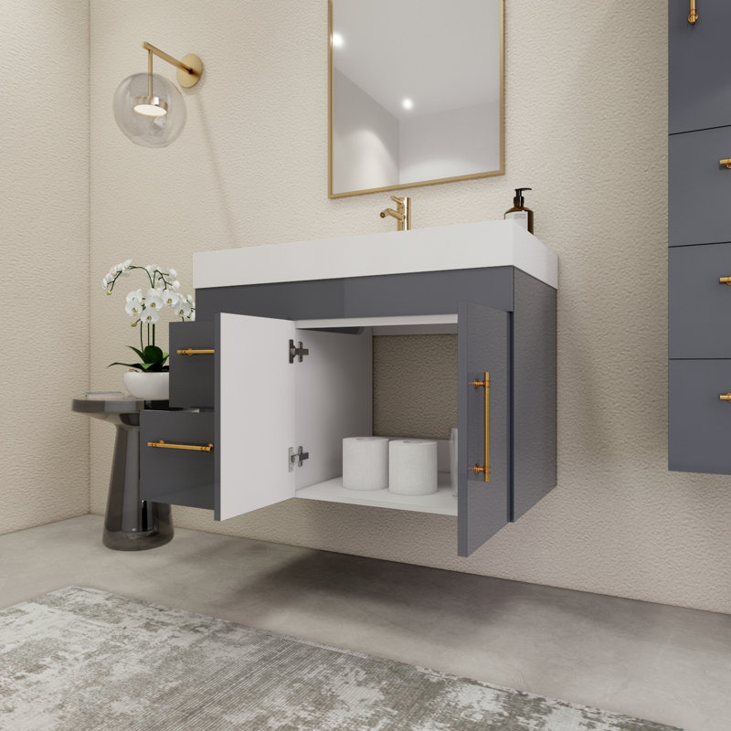 Ensemble de meuble-lavabo simple mural 35,4 ", Gris brillant