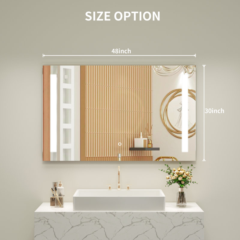 Miroir de salle de bain DEL à éclairage frontal à intensité variable et 3 lumières, 30 po x 48 po