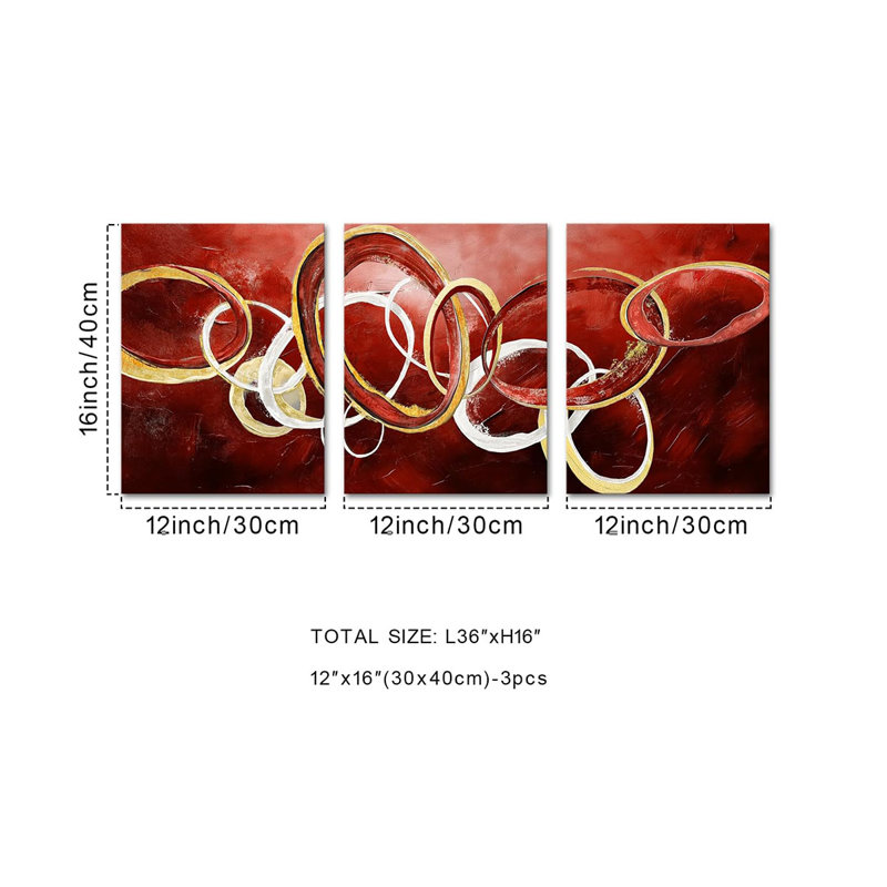 3 Piece Wrapped Canvas Wall Art, Red