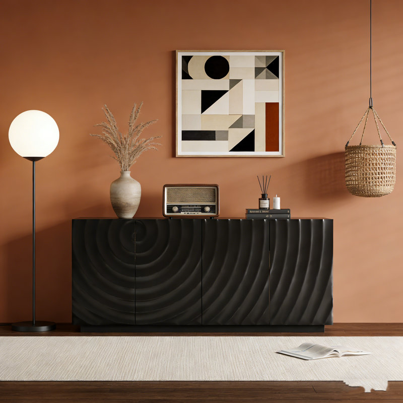 Buffet moderne à 4 portes avec texture ondulée 3D et rangement spacieux pour le salon ou la cuisine., Noir