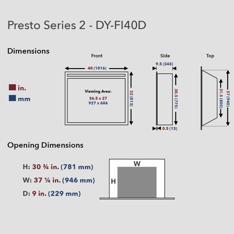 Foyer électrique encastrable Presto Series 2 .LED, H 32 po x l 40 po x P 9,5 po