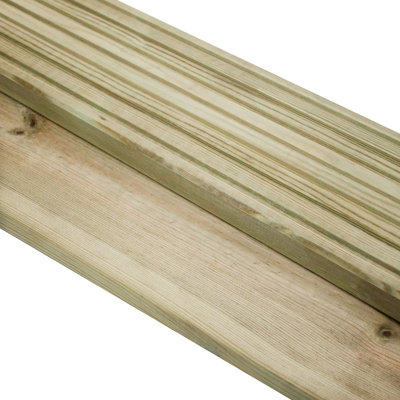 Green Treated UC3 Softwood Pine Deck Board Smooth One Side, Grooved On Reverse Pack Of 20 Pieces L 4.5M x W 145Mm x T 28Mm