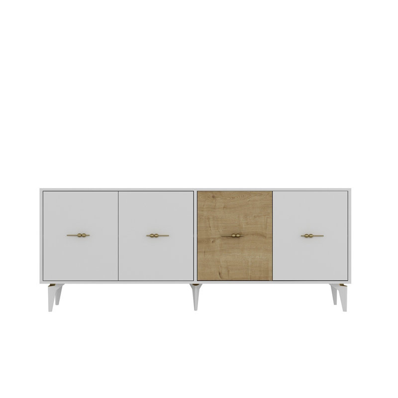 Console moderne avec option de fixation murale, blanc et chêne saphir, panneau de particules recouvert de mélamine à 100%, épaisseur: 0,7 pouce | Plusieurs tablettes, design scandinave pour un rangement élégant