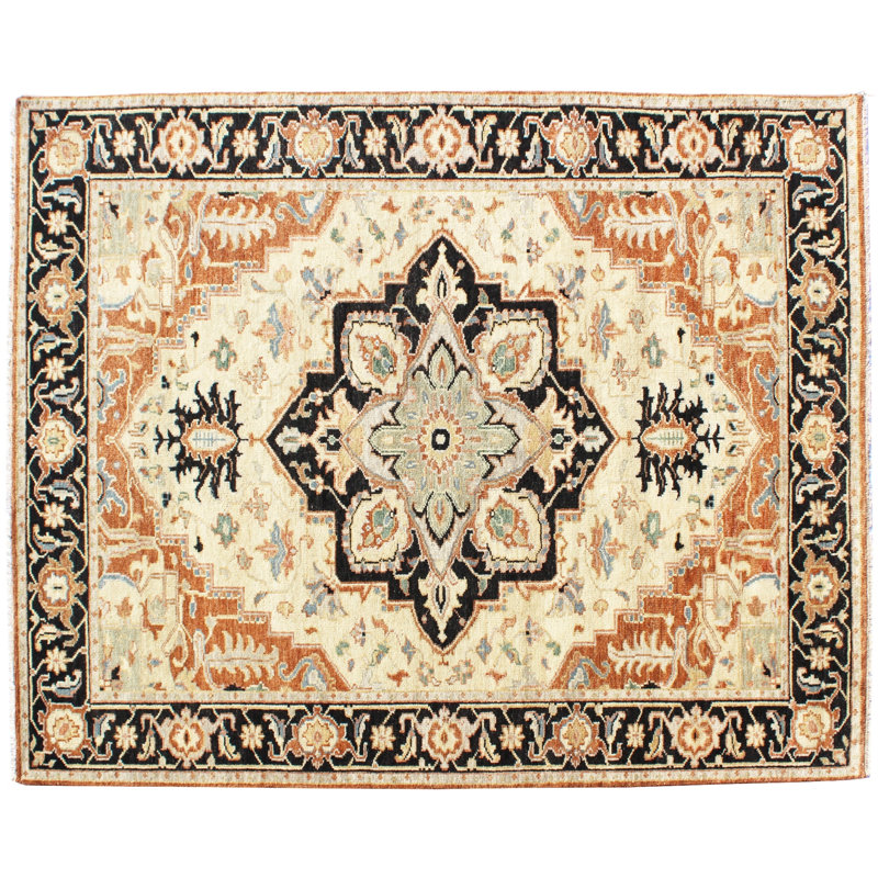 Hand-Knotted Ivory Black Wool Area Rug 8' x 10' ft– Traditional Medallion Design with Ornate Border