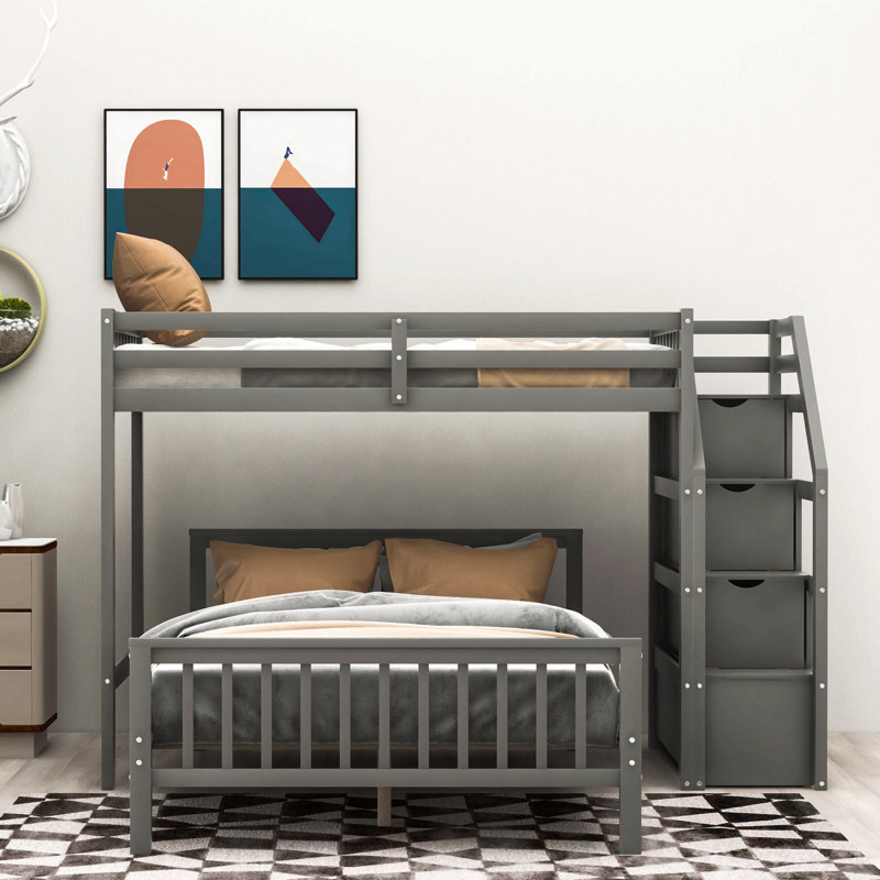 Lit mezzanine simple au-dessus d'un lit double avec escalier, Gris