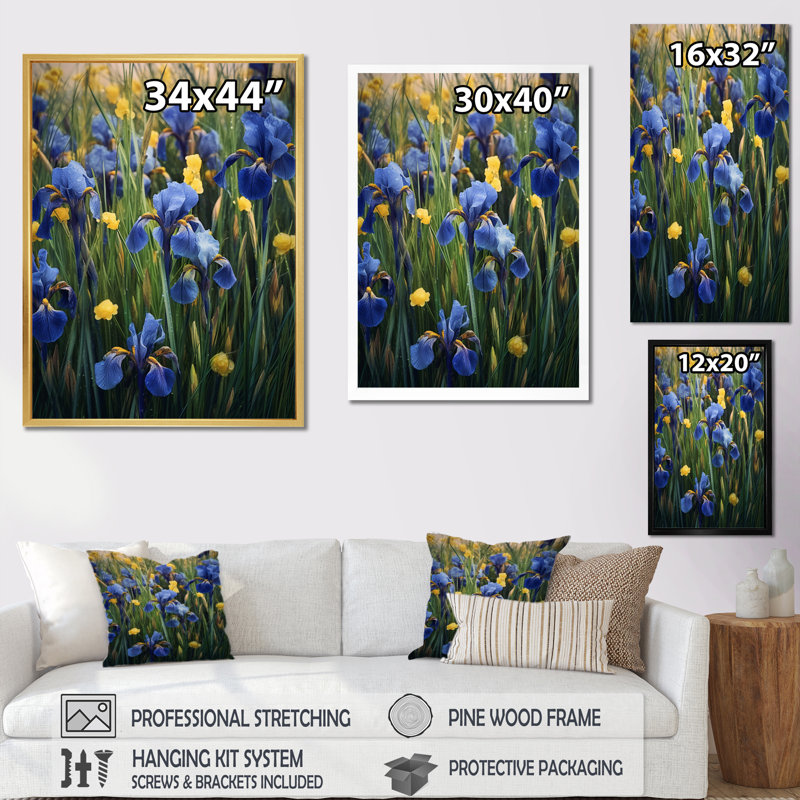 " Blue Yellow Impression Of Iris ", 32" H x 24" W x 1.5" D, Gold Floater Framed