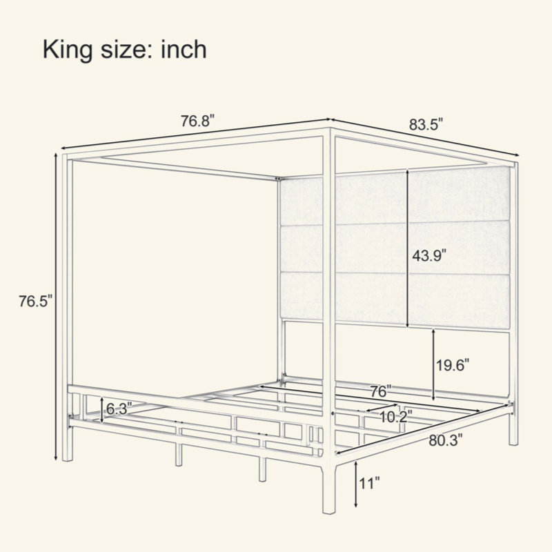 Modern Canopy Bed with 76.5" Tall Linen Fabric Upholstered Headboard Metal 4-Poster Bed Frame, Box Spring Needed, King