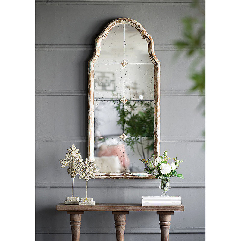 Grand miroir mural crème et encadré 22 po x 48 po, miroir arqué en bois avec aspect de fenêtre décorative pour le salon, la salle de bain et le vestibule