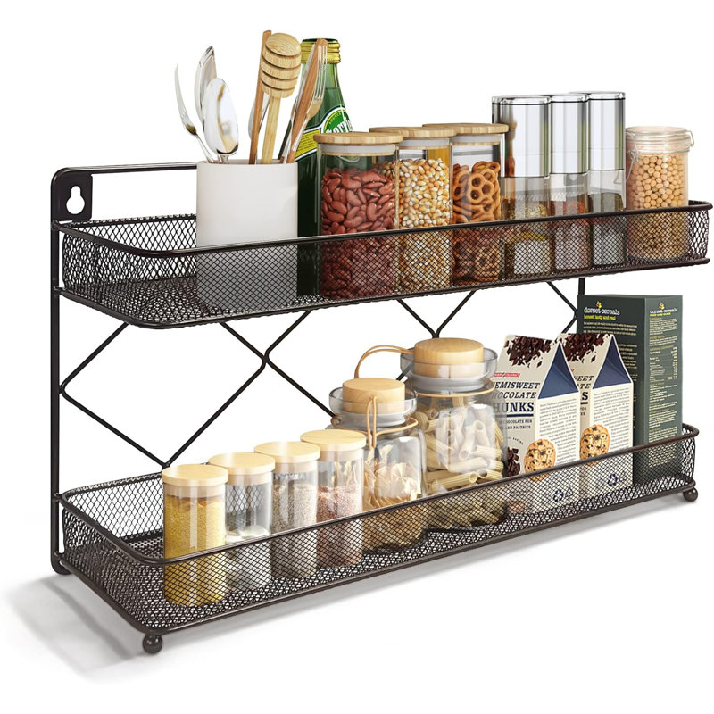 Étagère à épices de cuisine à 2 niveaux pour comptoir ou fixation murale, organisateur de rangement de pots, support d'armoire, organisateur d'assaisonnement pour épices (bronze)
