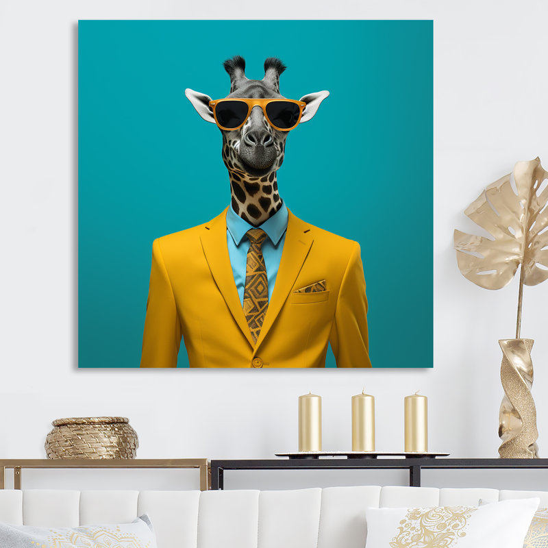 Jaune avec girafe I, Toile tendue, H 16 po x l 16 po x P 1 po