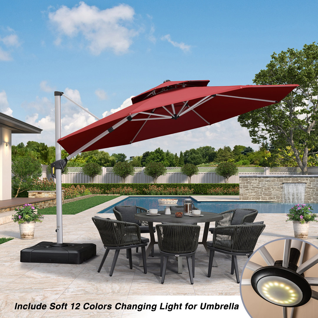 12 Feet Outdoor Double Top Round Deluxe Lighted Cantilever Umbrella With Base Arlmont & Co. Fabric