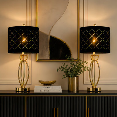 Anja 24.6" Modern Glam Metal Table Lamp Set with USB+Type-C Ports and Black Shade