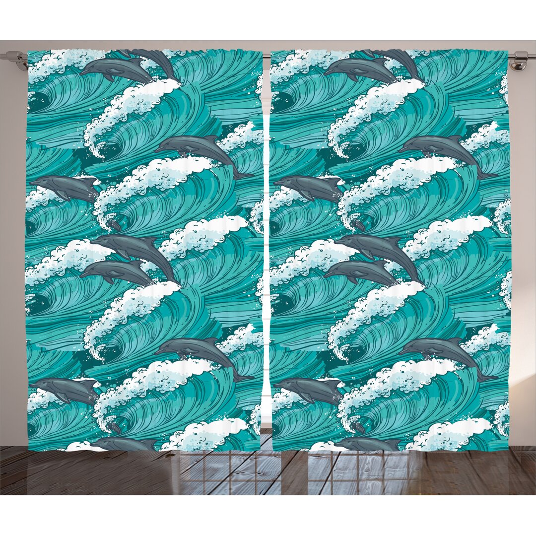 Rustikaler Vorhang, Surfen Doodle Dolphins, Ozean, Charcoal Grey Teal weiß