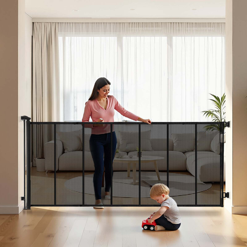 Retractable Baby Gate Mesh Dog Gate Black, 41.5" H x 128" W x 2.8" D