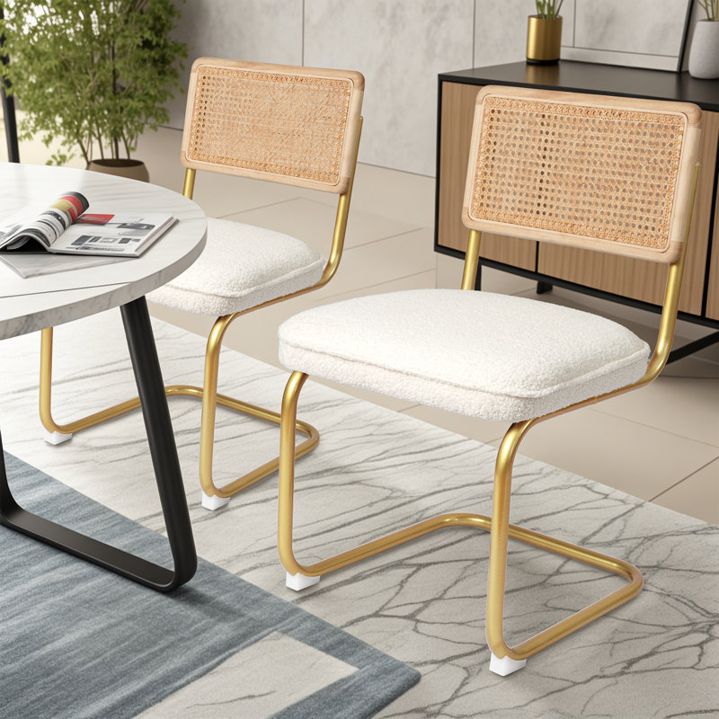 4-Pack Armless Rattan Dining Chairs, Soft Teddy Fleece Upholstered Kitchen Chairs with Woven Back & Sturdy Gold Metal Legs - Space-Saving Seating for Dining Room, Breakfast Nook & Restaurant, Cream