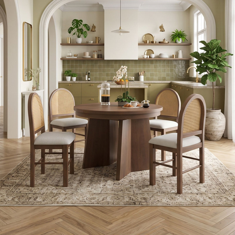 Ensemble de table et de chaises de salle à manger rondes extensibles rétro avec 4 chaises à dossier en rotin pour la cuisine et la salle à manger