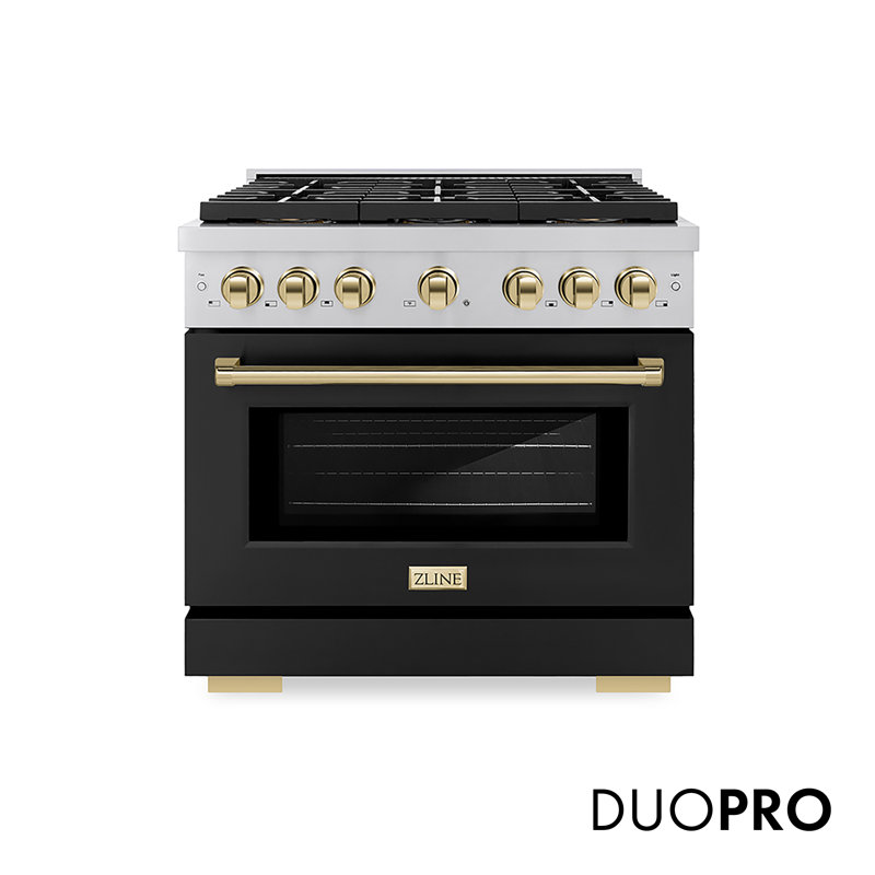 ZLINE Autograph 36 in. Paramount Gas Range with 6 DuoPro Burners w/ Black Door & Gold Accents, Black Matte, Polished Gold