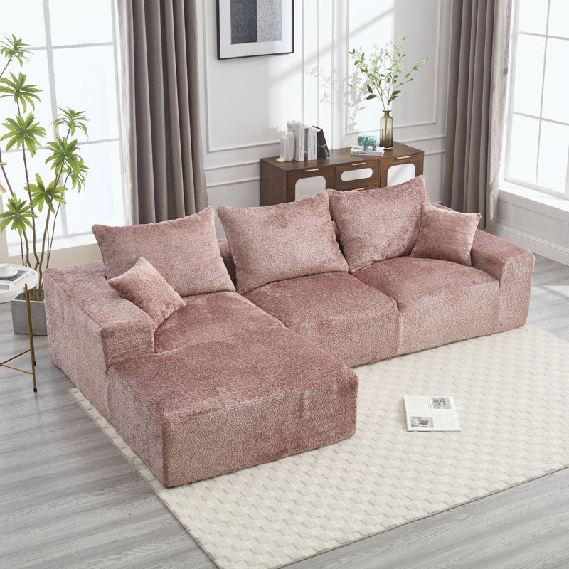 Boucle Sectional Sofa with pillows,No Assembly Needed, Pink Boucle