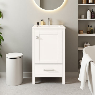 Small Single Bathroom Vanity with Ceramic Sink Top and Soft-Close Drawer & Door